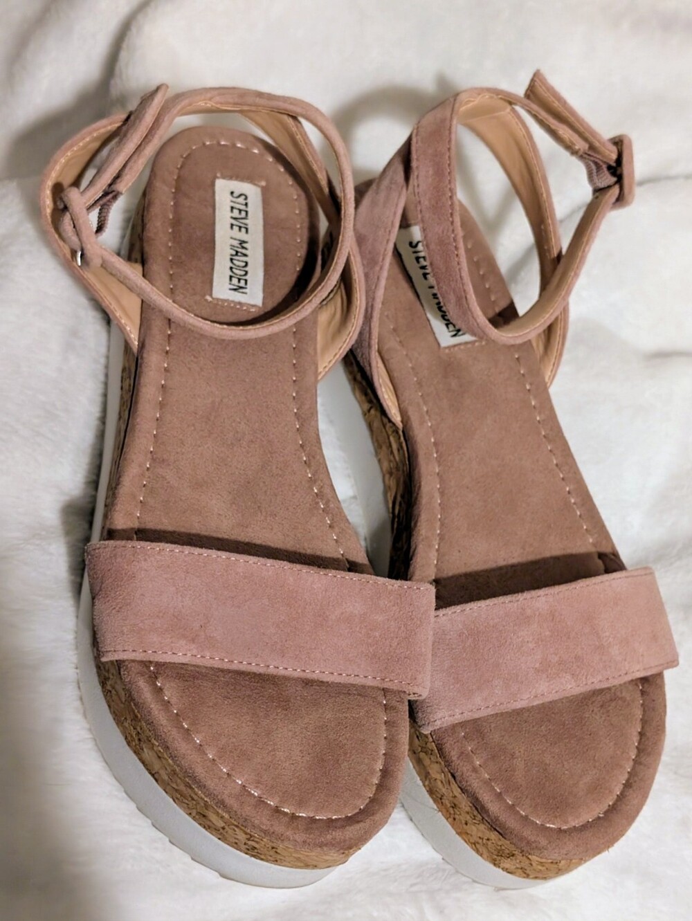 Steve Madden Pink/mauve Suede Cork Wedge Sandals with Ankle Strap Size 7.5